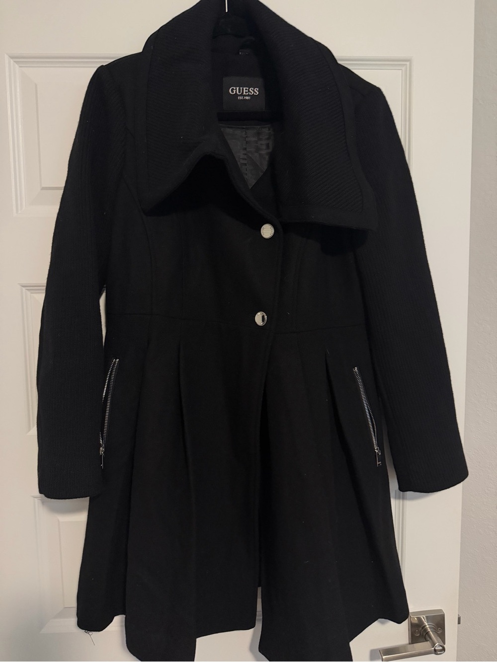 GUESS Black Fit-and-Flare Shawl Collar Pea Coat